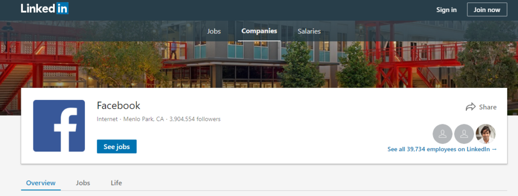 LinkedIn page of Facebook?